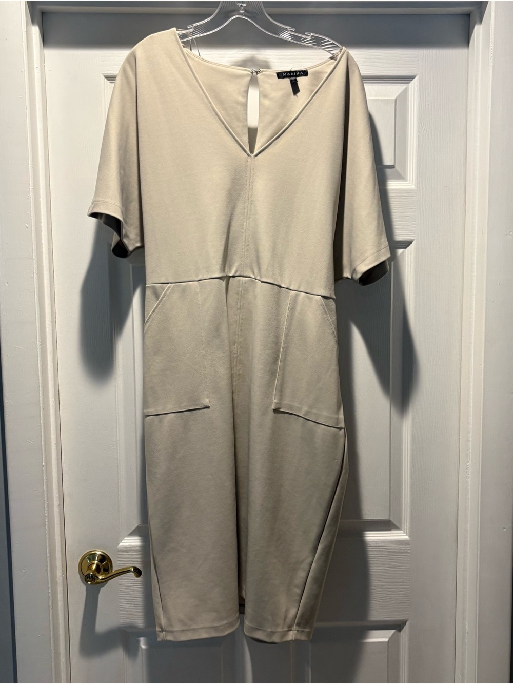 Marina Cream V-Neck Belted Midi Dress with Short Sleeves S/XL
